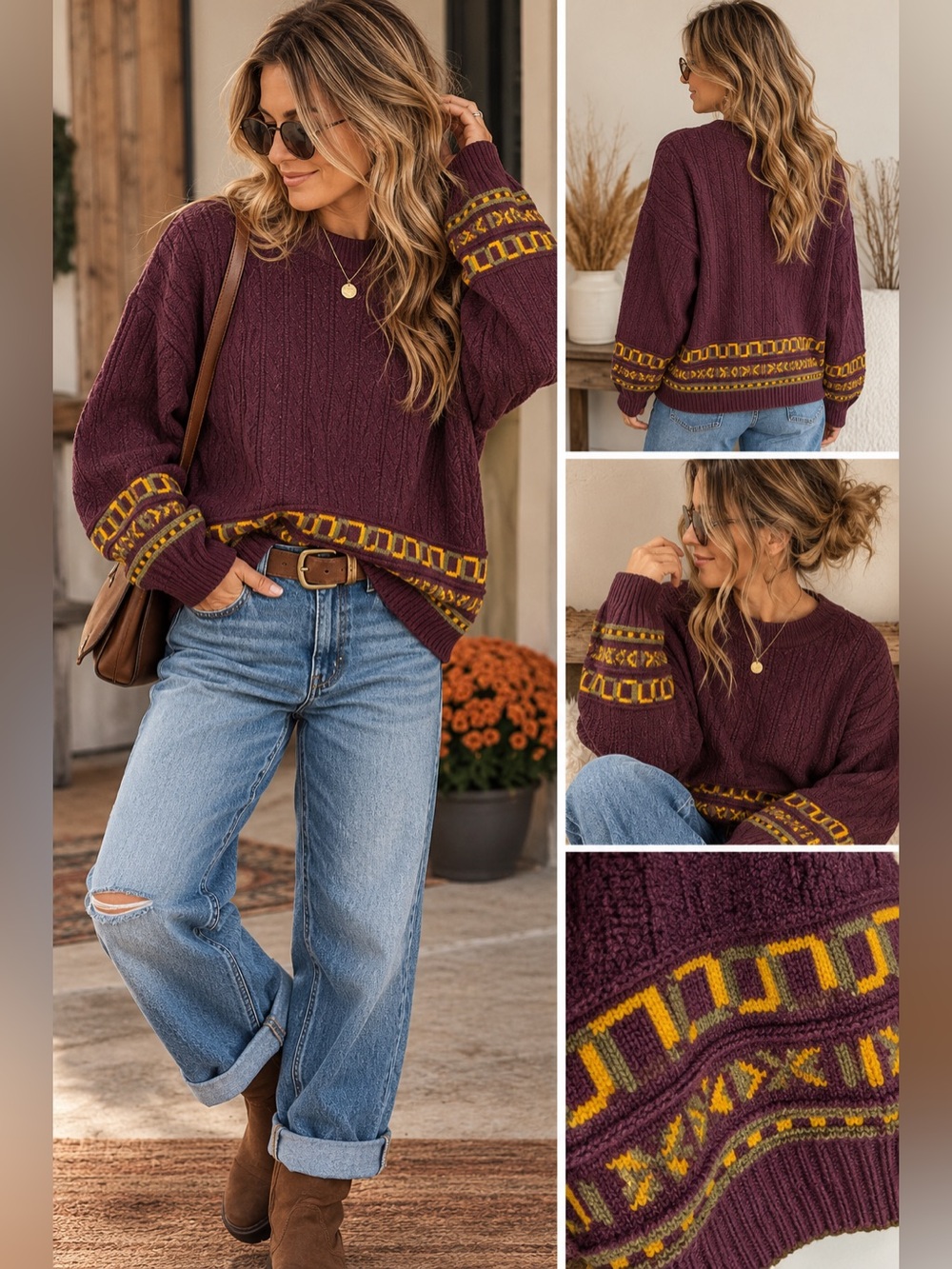 Vintage Treeco Grandpa Sweater Plum Geometric Knit Made in Canada L